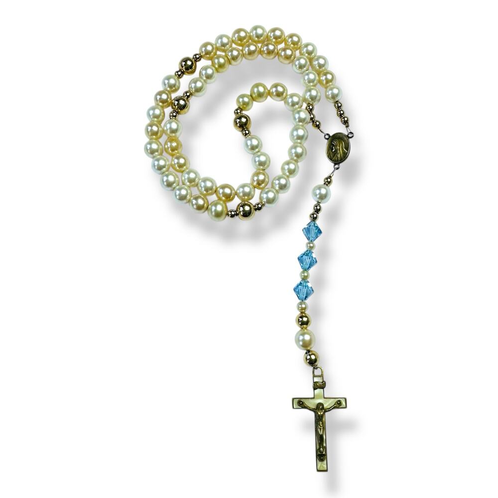 Faux Pearl Rosary Blue Rhinestone Beads Mother of Pearl Crucifix Prayer Beads